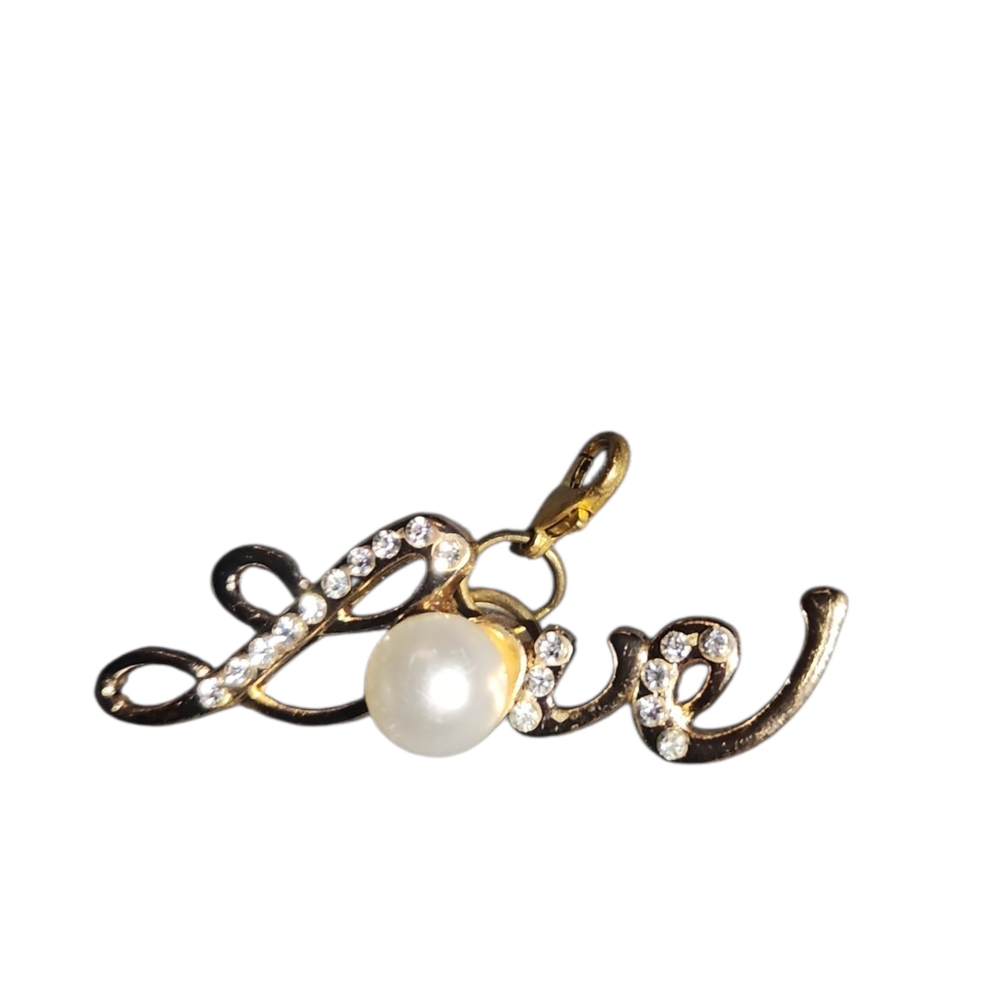 Gold 'Love' Script Pendant with White Pearl Accent
